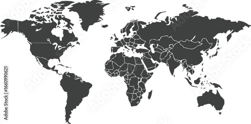 World map depicting continents and countries in dark gray against a white background global
