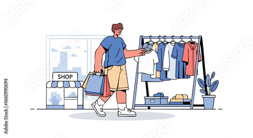 Illustrative depiction of a male shopper choosing attire from a clothing rack after purchasing items from a boutique atmosphere