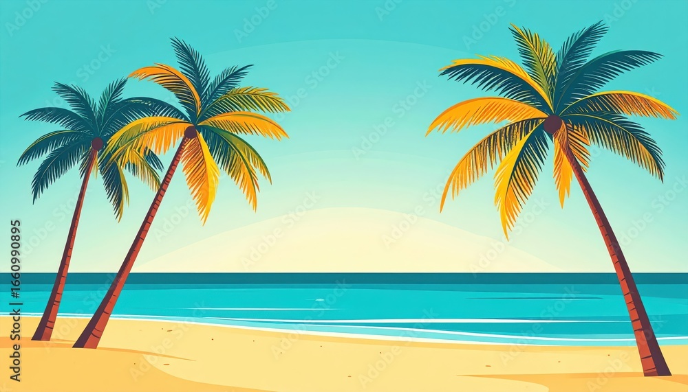 Obraz premium Vibrant tropical beach scene with two tall palm trees leaning outward over golden sand with calm turquoise ocean waves and clear blue sky in the background
