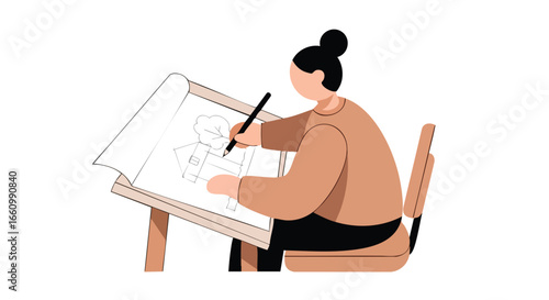 Woman immersed in creative architectural drawing at drafting table with precision and inspiration sketching house and tree with focused artistic