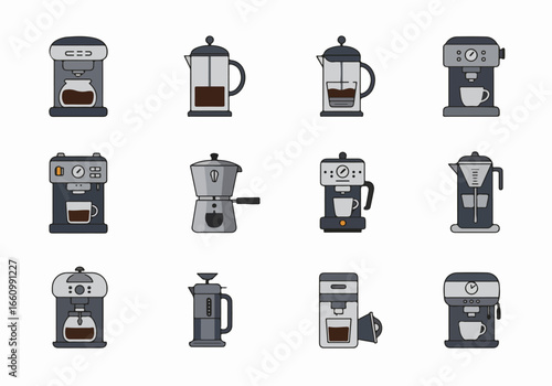 Coffee maker icons set in flat style