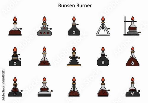 Bunsen burner equipment icons set for science