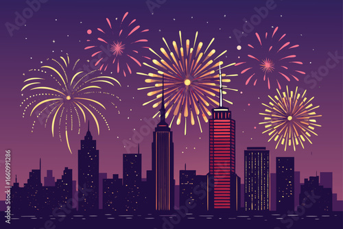 Dazzling fireworks illuminate a city skyline on a holiday.