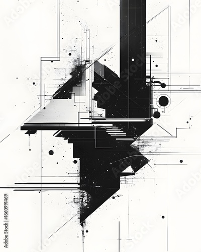 Wallpaper Mural A striking piece of abstract black and white art featuring geometric shapes and dynamic lines, perfect for use in modern design projects or as a focal point in artistic displays. Torontodigital.ca