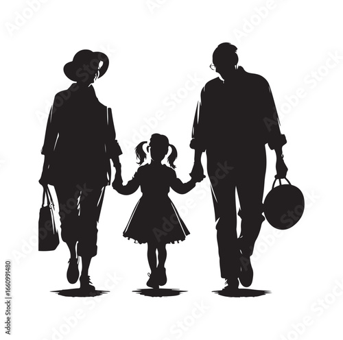 Silhouette of Grandparents walking with granddaughter vector illustration icon