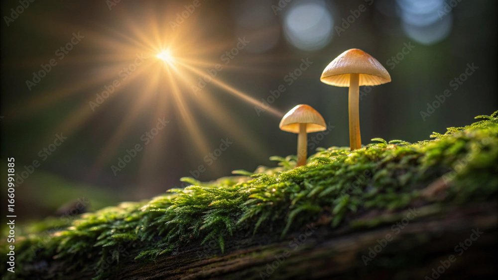 Fototapeta premium Two Small Mushrooms Growing on Mossy Log with Golden Sunburst Light fungi forest