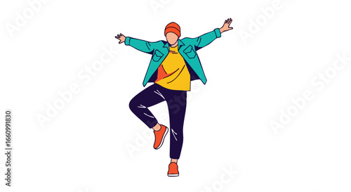 Dynamic pose of a modern person in a vibrant outfit, conveying freedom and youthful enthusiasm, balanced on one leg with outstretched arms