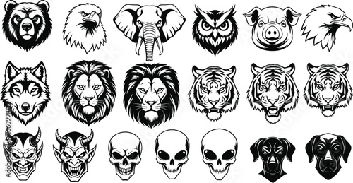 Animal skull silhouette vector set featuring wild beasts, predator heads, devil faces, tattoo style illustrations for graphic design and prints