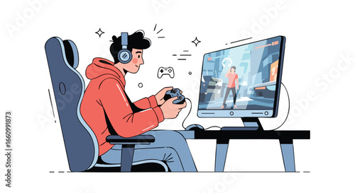Immersive Gaming Experience: A Young Gamer's Focus on Competitive Esports Action with Headset and Controller Illustration
