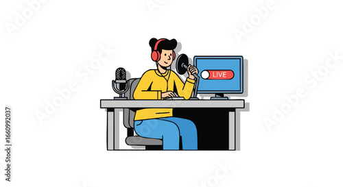 Illustration depicting a content creator engaging in a live broadcast from a home setup for online engagement showcasing modern digital