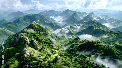 Misty Hills in Rainy Season Breathtaking mountain scenery with greenery. Monsoon Green Mountain Scenery Distant Horizon Rain Landscape