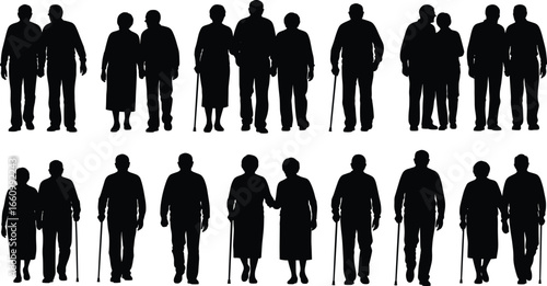 Elderly couple silhouette vector set showing companionship, mobility, and care for lifestyle, aging, family, healthcare, and inclusive design themes