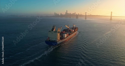 A cargo ship transports goods across the water near San Francisco, California, USA. The ship is moving goods for import and export.
