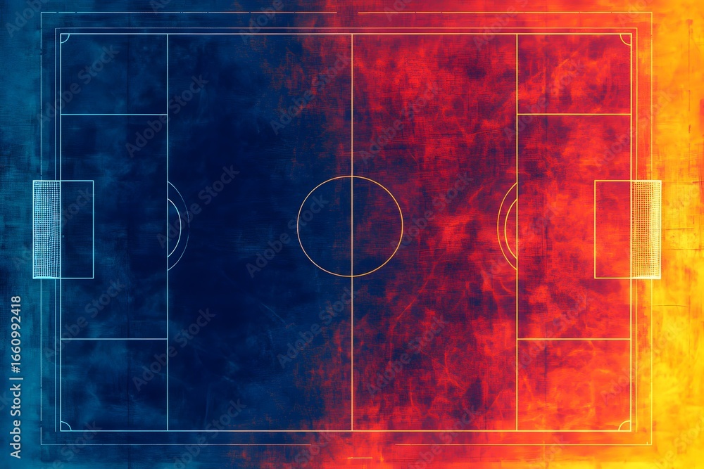 Obraz premium An artistic representation of a soccer field, blending vibrant blue and orange colors to create a dynamic and energetic atmosphere for sports enthusiasts.