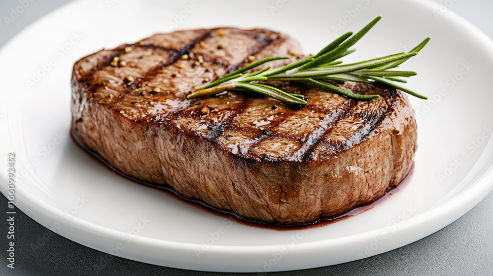 Juicy beef steak garnished with rosemary on white plate, showcasing fine dining elegance Juicy beef steak garnished with rosemary on white plate, showcasing fine dining elegance