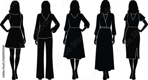 Fashion silhouette vector set of women in varied outfits and confident poses for clothing design, lifestyle, and style reference themes