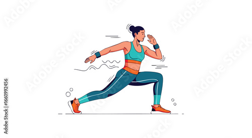 Dynamic fitness illustration featuring a woman doing lunges, perfect for health and wellness promotions, showcasing energy and determination