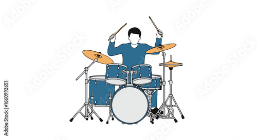 Dynamic Rhythm: A Drummer's Energetic Performance with Sticks, Drums, and Cymbals in a White Background Scene