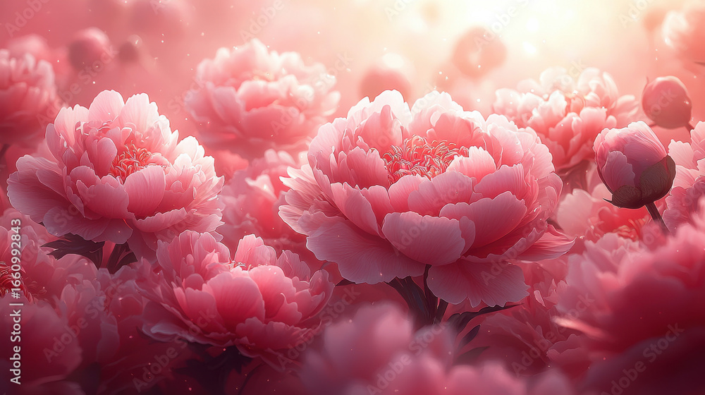 Fototapeta premium A vibrant, ethereal landscape unfolds, where countless, delicate pink peony flowers and buds, both large and petite, gracefully float and flutter on a boundless, seamless pink surface, creating 