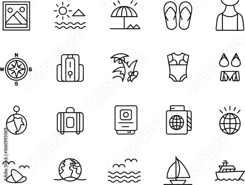 Travel and vacation icon set, summer holiday line icons, beach, ocean, backpack, compass, passport, boat, swimsuit, tropical