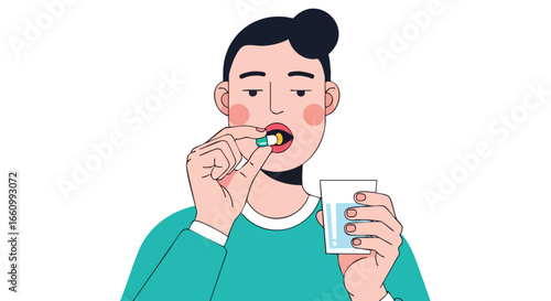 Person taking medication with water depicted in a simple cartoon style illustration representing wellness routine 96 characters