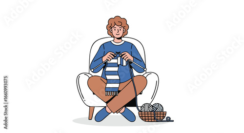 Cozy Home Scene: Woman Relaxing in Armchair Knitting a Striped Scarf, Embodying the Joy of Crafting and Creative Expression in a Peaceful Setting