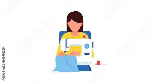 Illustration of a seamstress using a sewing machine to tailor a garment for apparel creation and fashion design in a minimalist style