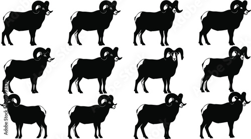 Ram silhouette vector set featuring uniform poses and curved horns for wildlife, nature, pattern design, and animal-themed illustration