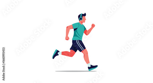 Man running with headphones in a minimalist flat vector style on white background illustrating fitness, health and an active lifestyle