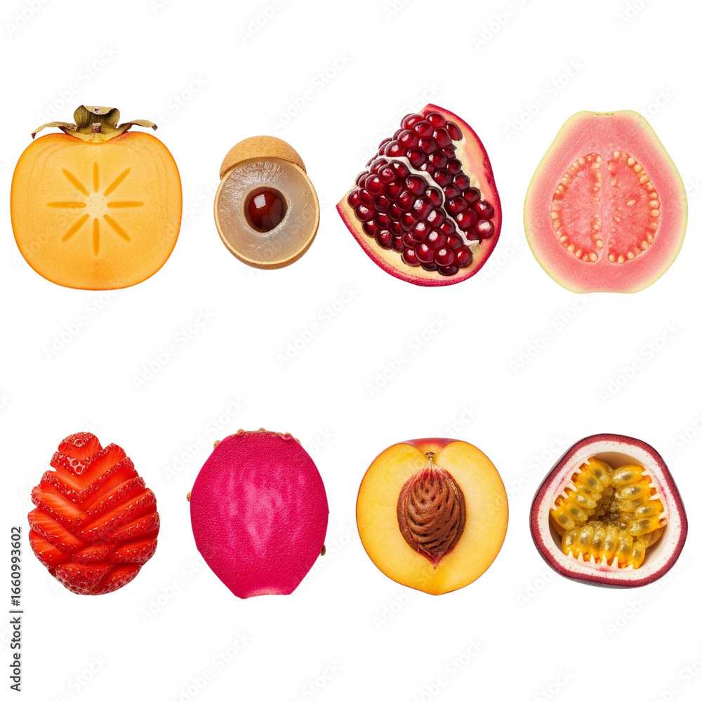 Fototapeta premium Assortment of fresh exotic fruits displayed on a white background