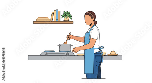 Faceless cook stirring pot with wooden spoon in bright kitchen scene showcasing books and home decor for culinary experience