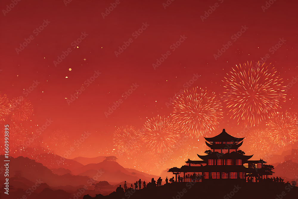Obraz premium Vibrant celebration at dusk with fireworks illuminating a traditional pagoda amidst silhouettes