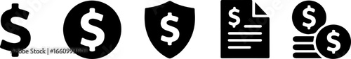 A collection of five black and white financial icons including dollar signs and coins on a white background