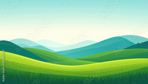 Tranquil scenic landscape of rolling green hills with layered mountain ranges under clear blue sky and gentle atmospheric haze creating depth and calmness