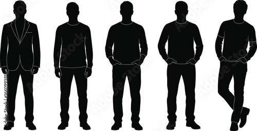 Standing people silhouette vector set featuring casual and formal outfits with relaxed postures for fashion, lifestyle, and design themes