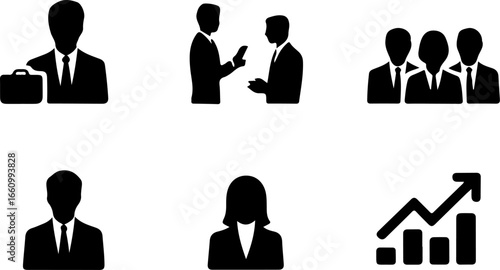 A collection of business icons showing a businessman with briefcase and team and a rising graph trend
