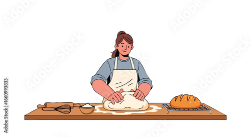 A woman lovingly kneading dough, preparing for baking a delicious loaf of bread in her kitchen with passion and care, a culinary creation
