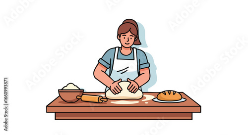 Illustration of a cheerful female baker kneading dough on a wooden table in a kitchen, ready to bake bread and pastries with bowl of flour and