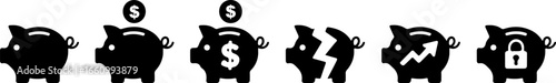 Piggy bank evolution from saving to broken to growth and secure savings in black and white icons