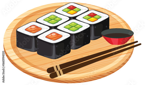 Assorted Sushi Rolls on Wooden Platter with Chopsticks