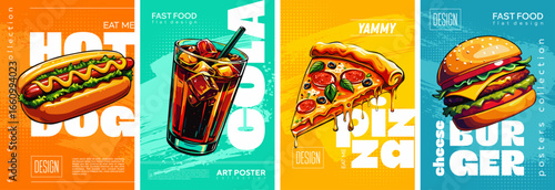 Set of fast food posters: pizza, burger, cola, hot dog. Stylish flat design without gradients