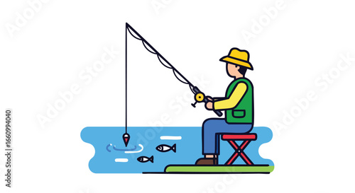 Stylized vector illustration depicting a fisherman seated and waiting for a bite on a tranquil body of water in a minimal design with outlined