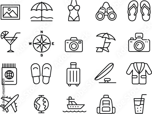 Vacation travel icons, beach holiday essentials, summer trip symbols, tourism elements, suitcase, passport, adventure, globe, journey, luggage