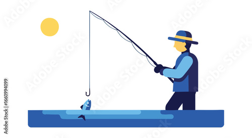 Stylized vector illustration of a fisherman catching a fish under a sunny day with a minimalist design highlighting outdoor recreation and leisure