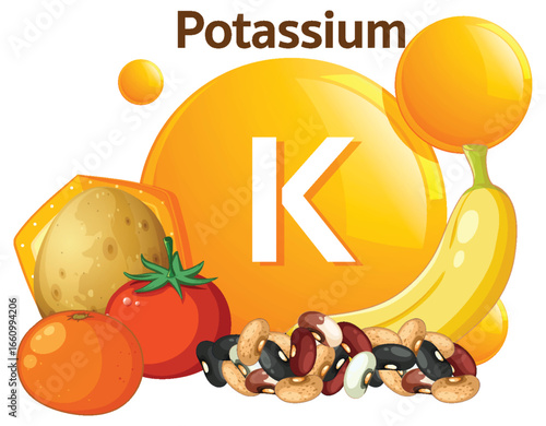 Potassium Rich Foods Vector Illustration with Fruits and Beans