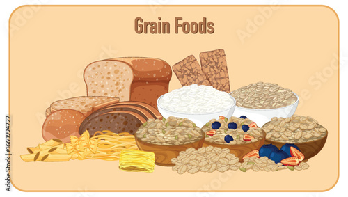 Assorted Grain Foods Including Bread, Pasta, and Oats