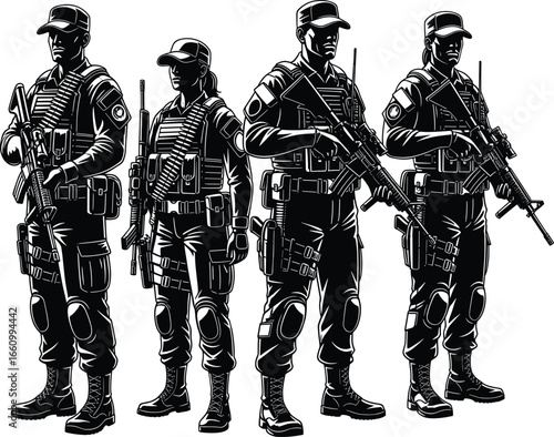 Tactical personnel silhouette vector set featuring armed soldiers in gear for military, law enforcement, training, security, and combat design themes