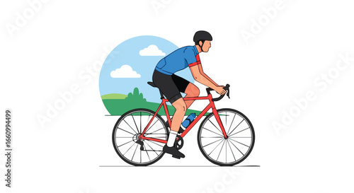 Red Bicycle Adventure: Cyclist Enjoying the Journey Through Serene Landscape, Promoting an Active and Healthy Lifestyle on Open Roads