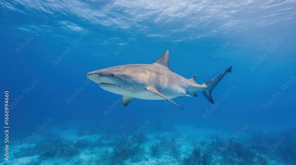 Obraz premium Graceful tiger shark patrolling clear ocean depths, a predator in its domain
