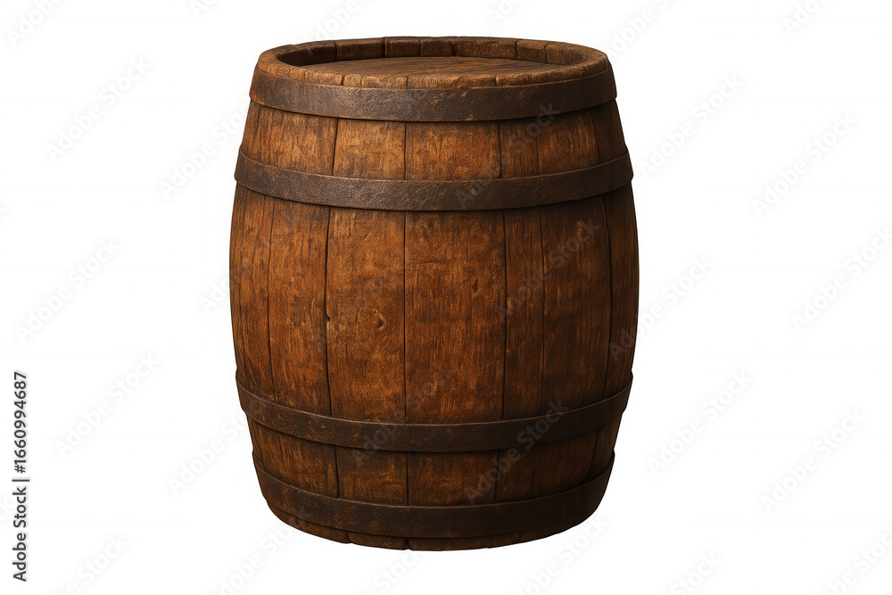 Obraz premium Classic wooden barrel with aged metal rings, isolated on transparent background, perfect for projects related to wine, beer, or traditional storage